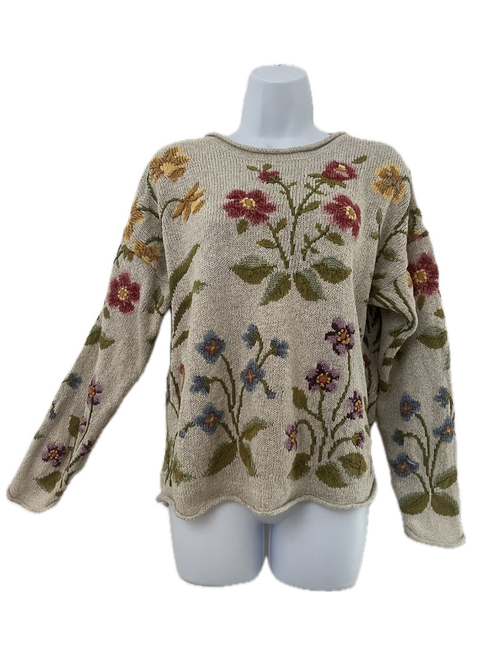 VTG Northern Isles Embroidered Floral Knit Sweater Beige Size Medium Cottagecore - Picture 2 of 14